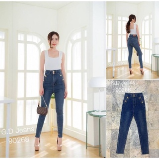 G.D.Jeans รุ่น 90268#กางเกงยีนส์ขายาวผ้ายืดสีเข้มเอวสูงทรงเดฟแต่งกระดุมทองแบบเก๋ๆ