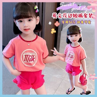 ins summer Korean style childrens wear girls short-sleeved T-shirt pure cotton little girl pink letter contrast color top fashionable suit