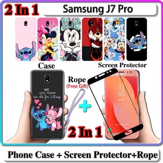 2 IN 1 เคส Samsung J7 Pro เคส พร้อมกระจกนิรภัยโค้ง ป้องกันหน้าจอ เซรามิค สติทช์ และมินนี่