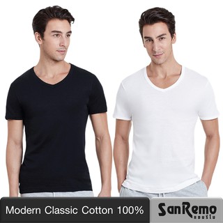 Sanremo Modern Classic แซนรีโม เสื้อยืดผู้ชาย เสื้อยืด คอวี แขนสั้น Cotton นุ่มสบาย ระบายเหงื่อดี สีขาว สีดำ NIS-SCT3