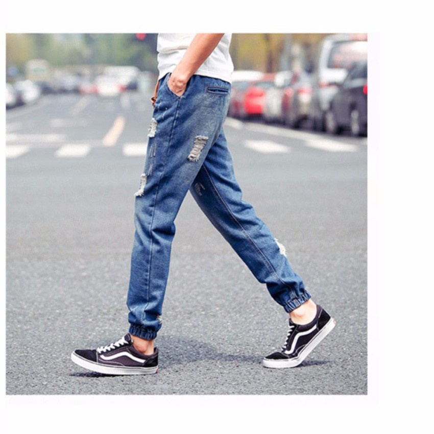 DEER กางเกงยีนส์ขาจั้ม ผู้ชาย แต่งขาด เอวผูกเชือก  รุ่น 026