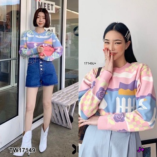 TwinsShopVip💗พร้อมส่ง TW17149 เสื้อไหมพรมแขนยาวทอลายกราฟฟิก Graphic long-sleeved silk shirt