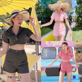 TW15523 เซต2 ชิ้น เสื้อครอปคอเชิ้ต+กางเกงขาสั้น