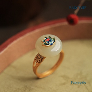 Fancysip แหวนแฟชั่น รูปดอกบัว ฝังหยก สีทอง