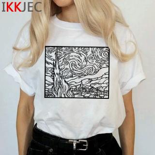 Van gogh เสื้อยืดลําลอง แขนสั้น พิมพ์ลายหัวกะโหลก ฮิปปี้ สีพาสเทล 80s Ulzzang สําหรับผู้หญิง