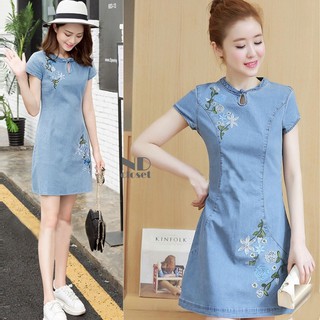 Sweet Denim Cheongsam Flora Stick Dress