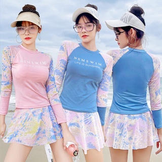 【พร้อมส่ง】ชุดว่ายน้ํา แขนยาว สองชิ้น เอวสูง สไตล์เกาหลี สําหรับผู้หญิง