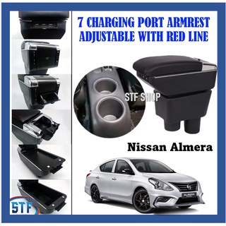 Nissan Almera 2012-2019 ที่พักแขน USB ปรับได้ 7 พอร์ตชาร์จ พร้อมสายสีแดง