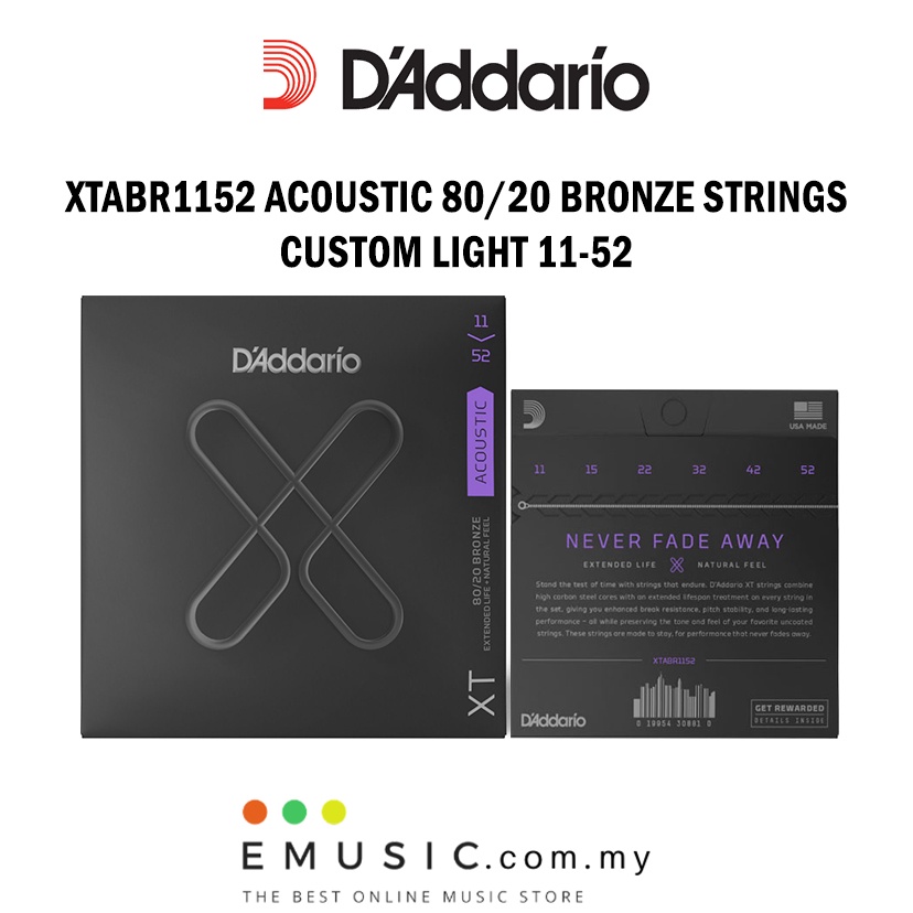 D'ADDARIO Daddario XT Acoustic 80/20 สายบรอนซ์, ไฟแบบกําหนดเอง, 11-52 (XTABR1152 / Daddario / D Adda