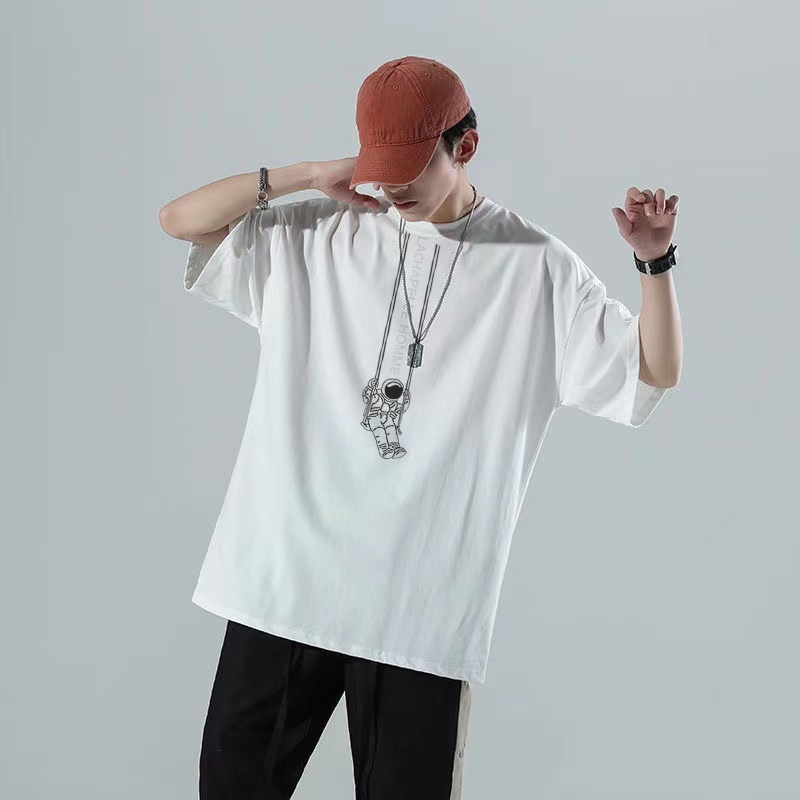 TS MEN เสื้อยืดคอกลมแขนสั้น เสื้อยืดผู้ชาย ทรงหลวม คุณภาพสูง(สีดำ สีขาว) รุ่น T47 - รูปที่ 4