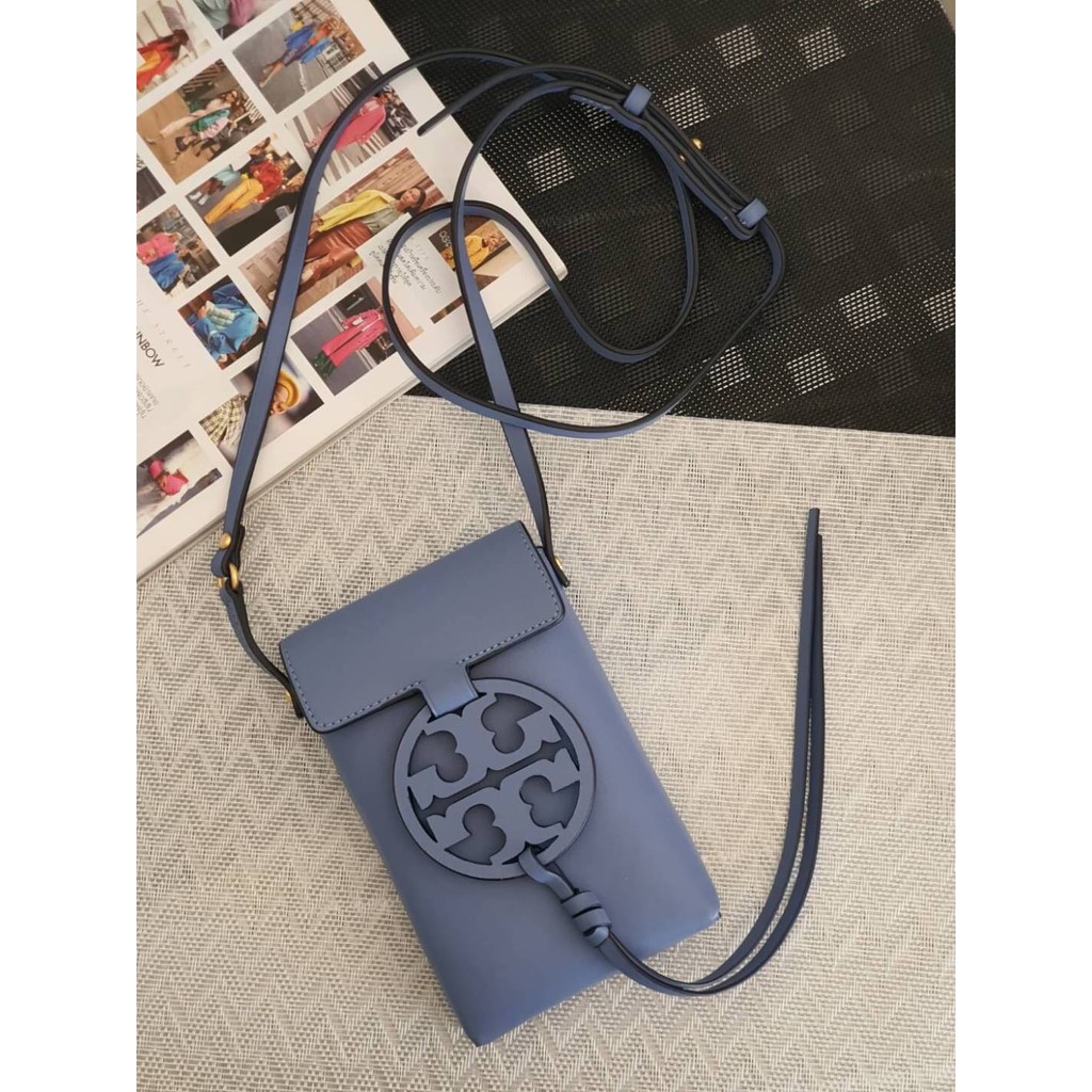 TORY BURCH MILLER BLUE WOOD LEATHER PHONE CASE CROSSBODY BAG