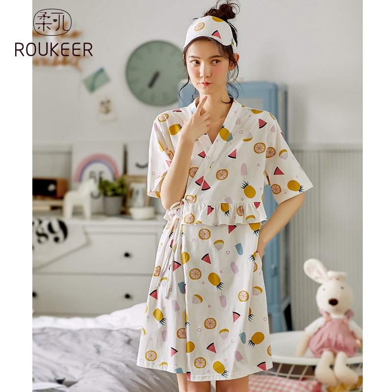ชุดนอนเกาหลีชุดนอนสตรีผ้าฝ้ายฤดูร้อนแขนสั้นบางน่ารักคลอดชุดนอนNightgown ...
