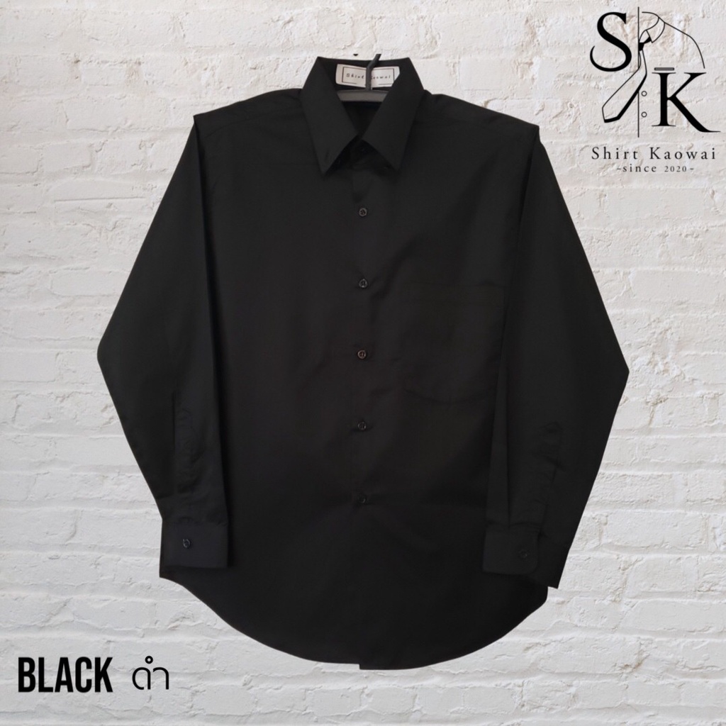 เสื้อเชิ้ตแขนยาว ผู้ชาย คอปกมีกระดุม ทรงตรง สีดำ (Black) ผ้าคอมพ์ทวิว(Comb Twill) คนอ้วน ตัวใหญ่มีไซส์ (M-6XL)