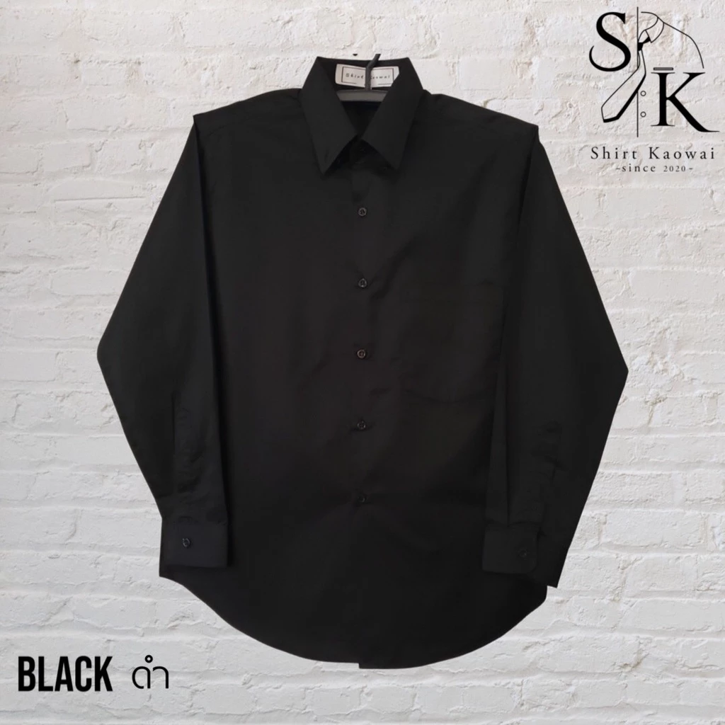 เสื้อเชิ้ตแขนยาว ผู้ชาย คอปกมีกระดุม ทรงตรง สีดำ (Black) ผ้าคอมพ์ทวิว(Comb Twill) คนอ้วน ตัวใหญ่มีไซส์ (M-6XL)