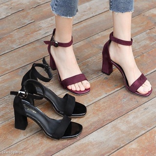 รองเท้าแตะผู้หญิงมีส้นสูง 5/7cmรองเท้าส้นสูงส้นหนาส้นหนาปานกลาง [สีดำ / แดง]รองเท้าแตะรัดส้นแบบเปิด รองเท้าแตะส้นสูง