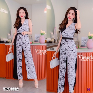 13562 Jumpsuit จั๊มสูทยาว ป้ายอก ลายหิน