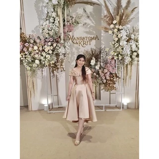 VO0283 เปิดบ่าทวิซอก พรางแขนพรางสะโพก กระโปรงหน้าสั้นหลังยาว ไปงานแต่ง ออกงาน เพื่อนเจ้าสาว [LUXURY707]