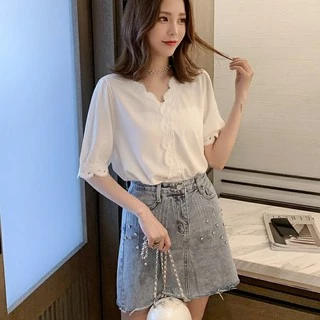 🔥ส่งไวจากไทย🔥 MSD พร้อมส่ง แฟชั่นสตรี เสื้อชีฟอง เสื้อเชิ้ตแขนสั้น สีขาว คอวี ผ้าดี