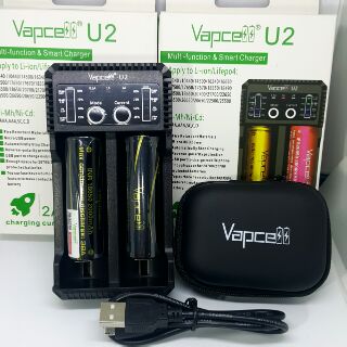 [U2/ถ่านเวฟดำ2ก้อน] เครื่องชาร์จ Vapcell U2 + ถ่าน Vapcell (ดำ) 2,000 mAh 38A *เเท้ครบชุด*