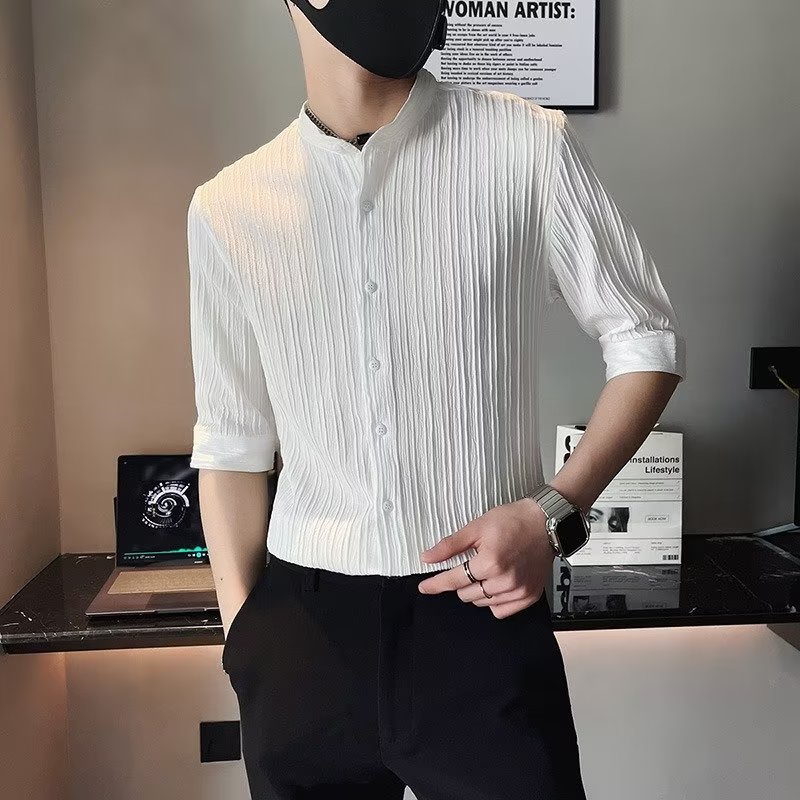 เกาหลีเกาหลีวัสดุจีบสามไตรมาสแขนยืนขึ้นเสื้อคอปกฤดูร้อนบางสามไตรมาสแขนเสื้อกลางแขน