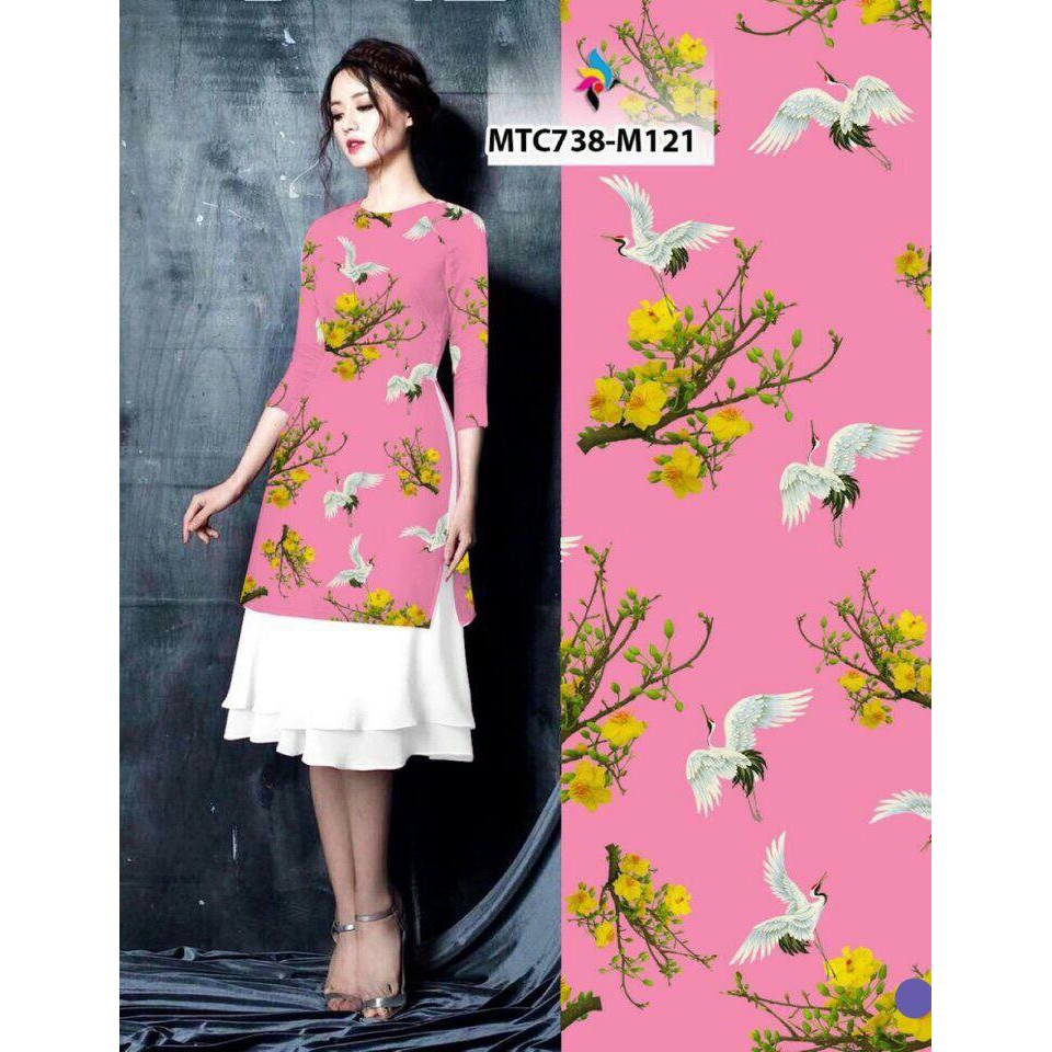 ภาพจริง - ao dai ชุดพิมพ์ดอกแอปริคอท เครนบิน + cv สีขาว 2 ชั้น ไม่สวย ไม่แพง สุดฮอต