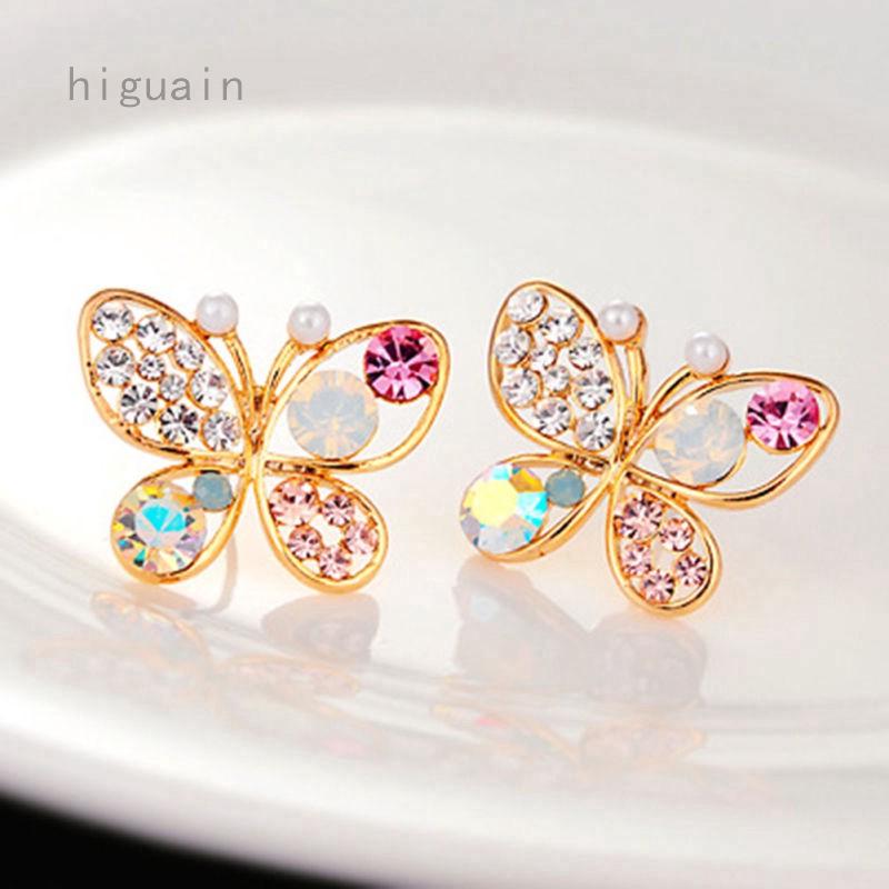 ต่างหูแบบติดหูรูปผีเสื้อคริสตัล Rhinestone Hollow แฟชั่นสตรี