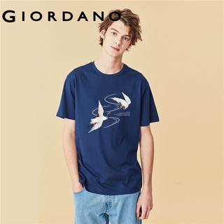 Giordano Men and Women เสื้อยืดแขนสั้น ใส่ได้ทั้งชายและหญิง คอกลม ผ้าฝ้าย100%สกรีนลวดลายนกกระสา ภูเขาและแม่น้ำ