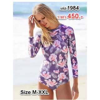 (S-XXL)ชุดว่ายน้ำวันพีช แขนยาว ลายดอกไม้ สีม่วง  # 1984