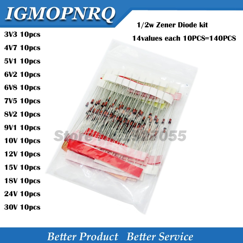 14values each 10PCS=140PCS 0.5W regulator 3.3v-30v 1/2w Zener Diode component Assorted kit 3V3 4V7 5