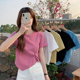 Wittygirls_เสื้อยืดครอปแขนสั้นลําลอง คอกลม สีพื้น สําหรับผู้หญิง