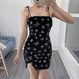 พร้อมส่ง 🔥Hot Sale🔥 sexy mini dress เดรสรัดรูป เซ็กซี่มาก เดรสผีเสื้อ เดรสสั้นสีดำ