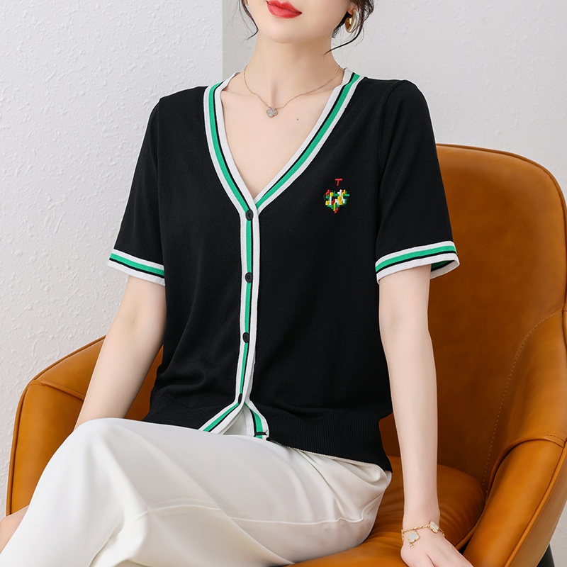 V คอน้ำแข็งผ้าไหมถักเสื้อยืดสุภาพสตรีฤดูร้อน 2022 ใหม่ผู้หญิงเย็บบางแขน ...