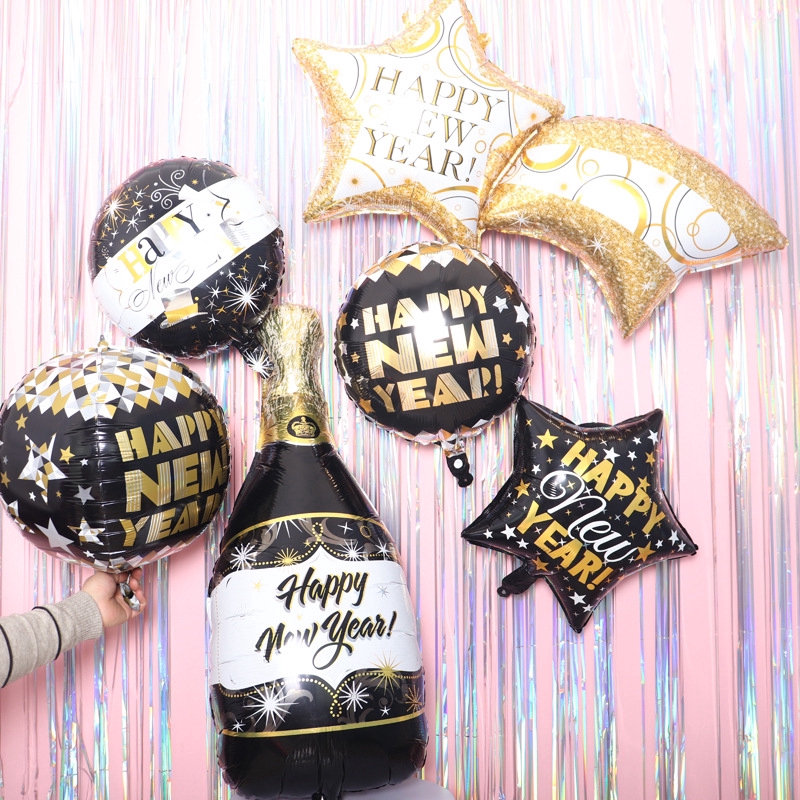 2025 ลูกโป่งฟอยล์สวัสดีปีใหม่ขวดสีดํา Eve Party Merry Christmas Decor