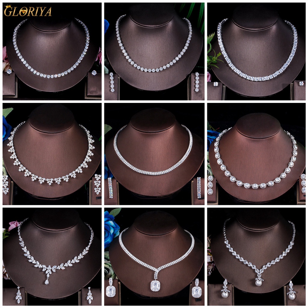 GLORIYA Perfect ผู้หญิงเงา CZ Zirconia เพชรคริสตัลสร้อยคอต่างหูมุกชุดเครื่องประดับสําหรับเจ้าสาวชุดแต่งงาน Accessorie JS163
