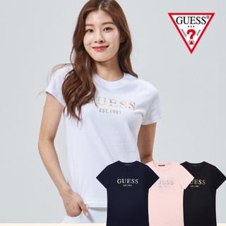 Guess เสื้อยืดลําลอง แขนสั้น ผ้าฝ้าย พิมพ์ลายฟิล์ม Bling สําหรับสตรี