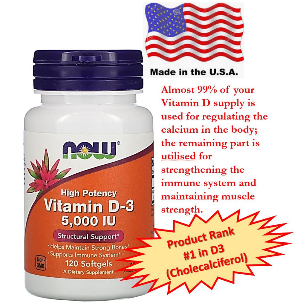 วิตามินดี3 , Vitamin D3 5000 IU 120 Softgets High Potency by NOW Foods