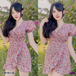 TwinsShopVip💗พร้อมส่ง TW16136 Minidress ลายดอก แขนตุ๊กตา