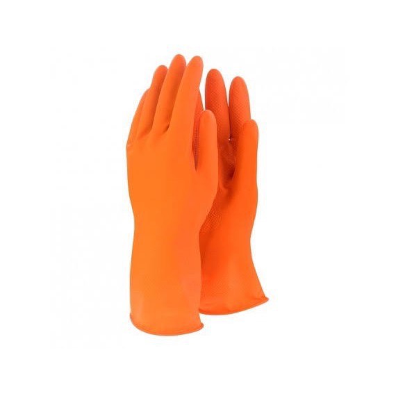 ถุงมือยางสีส้ม-ดำ ตรากระทิง มีขนาด S,M,L ให้เลือก  (ขายกล่อง 12คู่)