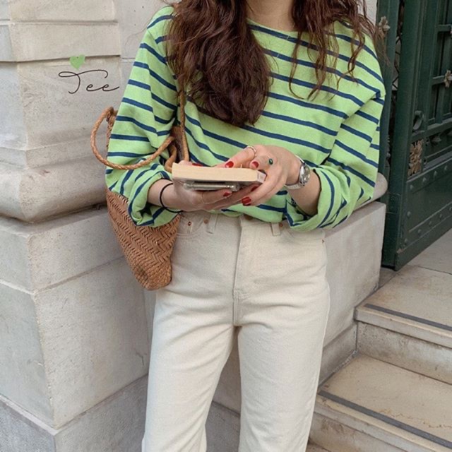 [พร้อมส่ง] Mint choc chip stripes top (kr701)