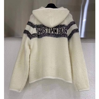 CHRISTIAN DIOR BAND STRIPE LOGO WOOL KNIT HOODIE JACKET IVORY เสื้อกันหนาวแขนยาว ฮู้ดดี้ full zip แจ็คเก็ต แบรนด์ซีลีน