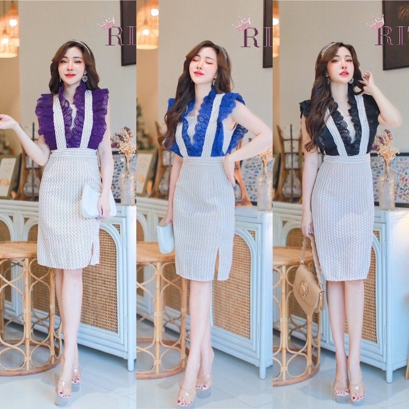 เดรสสั้น เดรสลูกไม้ แขนระบาย เดรสออกงาน งานบวช งานแต่ง สวยหรู งานตามหา สีทูโทน สวยมากๆ งานป้าย rita