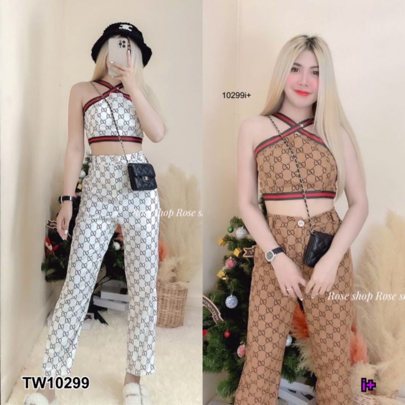TW10299 ชุดเซ็ท น่ารักๆ สีน้ำตาล ขาว เสื้อครอป กางเกงขายาว พิมลาย มาใหม่
