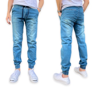 JEANSEXPRESS JOGGER SLIM JEANS กางเกงจ๊อกเกอร์ยีนส์ชายสีบลูฟอกสนิมเขียว ทรงสลิม ผ้ายืด เอวยางมีเชือก Size 28-36