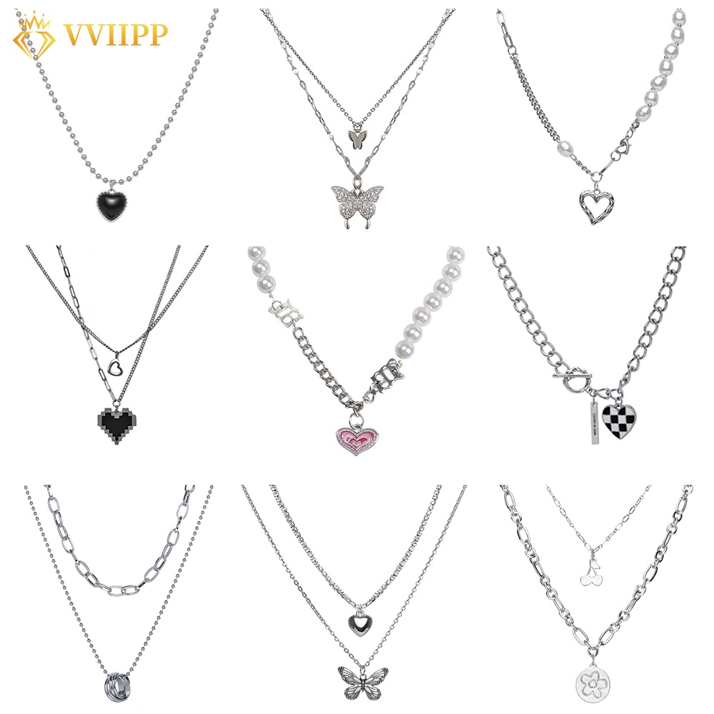 เครื่องประดับ สร้อยคอโชคเกอร์ จี้รูปผีเสื้อ เชอร์รี่ หัวใจ สีเงิน แบบหลายชั้น แฟชั่นสําหรับผู้หญิง