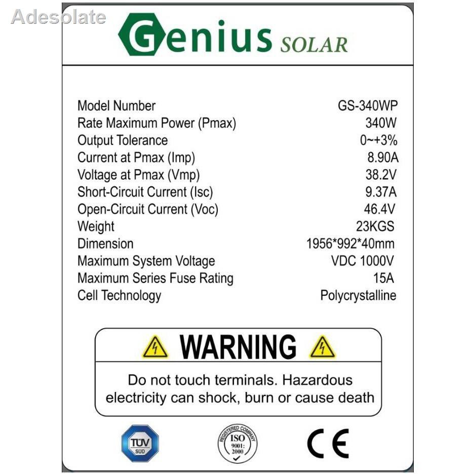 🐝คุณภาพสูง🐝✜❆❄แผงโซล่าเซลล์ โซล่าเซลล์ 340 W ยี่ห้อ GENIUS แผงพลังงานแสงอาทิตย์ 340 วัตต์ Soler Panel Polycrytaline 34