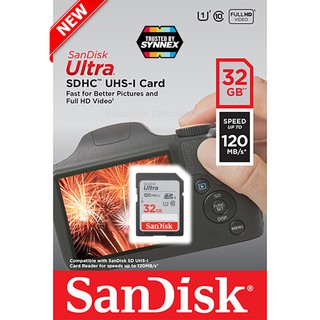 SanDisk Ultra SD Card 32GB Class10 SDHC Speed 120MB/s (SDSDUN4-032G-GN6IN) เมมโมรี่ ใส่ กล้องมิลเลอร์เลส ประกัน10ปี