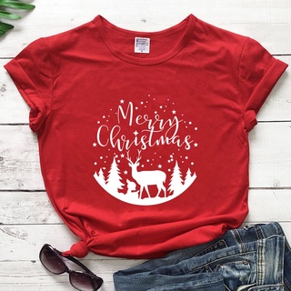 Winter Merry Christmas T Shirt Women Xmas Gift Tshirt Women Short Sleeve Reindeer Holiday Top T-shirtเสื้อยืดสวยๆ