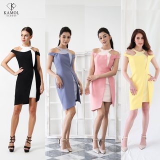 Kamol Closet – Zelina Dress เดรสทำงาน ชุดออกงาน ปาร์ตี้ เดรสคอกลม เปิดไหล่ ทูโทน 2 ชั้น 2 ดีไซน์ไม่สมมาตร