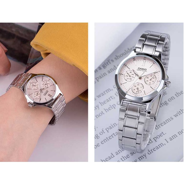 นาฬิกา Casioแท้ รุ่น LTP-V300D-4A นาฬิกาผู้หญิง สายแสตนเลส หน้าปัดสีชมพูหวาน - ของแท้ 100% รับประกันสินค้า 1 ปีเต็ม