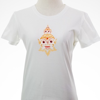 เสื้อยืดหญิงคอกลม สีขาว สรีนหน้ายักษั สรีนหลัง YAK SIAM